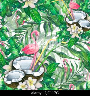 Tropische Blätter mit Kokosnusshälften, rosa Flamingos und Cocktailröhrchen. Helles, exotisches, nahtloses Muster. Aquarell. Zur Dekoration und Gestaltung von Stockfoto