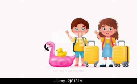 Niedliche kleine Jungen und Mädchen mit Koffern und einem aufblasbaren Ring. Time to Vacation Banner mit leerem Platz. Vektor realistische Cartoon-Illustration Stock Vektor