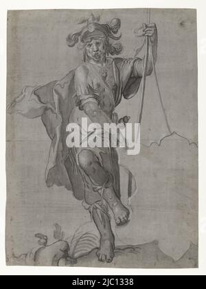 Entwurf für eine Glasscheibe, Schildhalter in römischem Kostüm, Zeichner: Joachim Wtewael, (Kreis), 1576, vorbereitetes Papier, Bürste, H 398 mm × B 300 mm Stockfoto