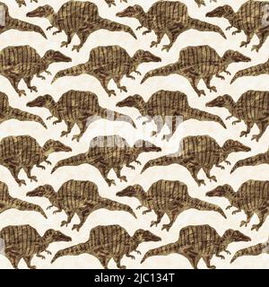 Braun handgezeichnete Spinosaurus fossile Knochen Dinosaurier nahtloses Muster. Geschlechtsspezifische neutrale jurassische Silhouette für die Babykrippe. Home Dekor für Museum Stockfoto