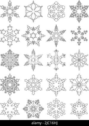 Abstrakte Illustration verschiedene Schneeflocken-Formen isoliert auf weißem Hintergrund. Stock Vektor