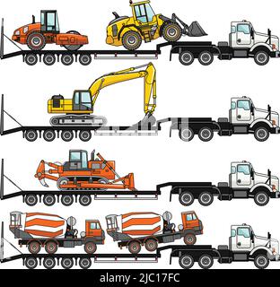 Detaillierte Darstellung von Autotransporter und Betonmischer, Bulldozer, Bagger, Radlader, Verdichter auf weißem Hintergrund in flachem Stil in d Stock Vektor