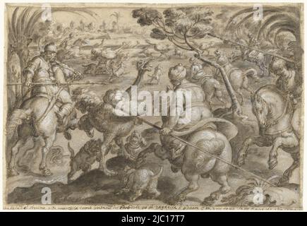 Entwurf für einen Druck, Straußenjagd in Barbary, Zeichner: Jan van der Straet, c. 1578, vorbereitetes Papier, Stift, Pinsel, H 207 mm × B 302 mm Stockfoto