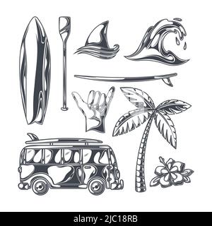 Sommer und Reise schwarz weiße Symbole mit Surf-Yacht und Palmen flach isoliert Vektor-Illustration gesetzt Stock Vektor