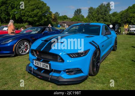 Blue Ford Mustang Prestige-Rennwagen auf einer Automobilausstellung in Surrey, England, Großbritannien Stockfoto