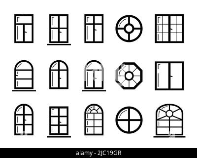 Windows-Symbol, Glyphen-Stil einstellen. Architekturelemente. Schwarze Symbole auf weißem Hintergrund isoliert. vektor-Symbol. Bogen und runde Fensterrahmen Stock Vektor