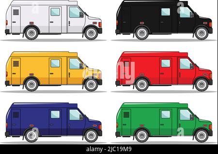 Detaillierte Abbildung von sechs farbigen Autos in flachem Stil Stock Vektor