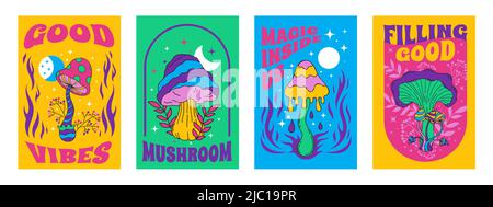 Hippie-Pilzplakate. Psychedelischer Acid Trip grooviger Print mit farbiger Amanita und Toadstool. Vektor verträumt Retro Banner Set Stock Vektor