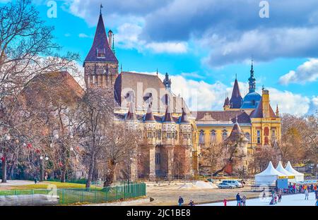 BUDAPEST, UNGARN - 23. FEBRUAR 2022: Schloss Vajdahunyad am Central Park Skating Rink, am 23. Februar in Budapest, Ungarn Stockfoto