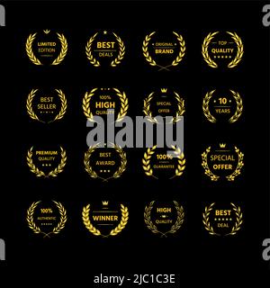 Preisgekröntes Lorbeerkranz. Filmsieger, Premium-Qualität und Zertifizierung garantiert goldenes Emblem mit Olivenzweig heraldischen Element. Vector Victory Stock Vektor