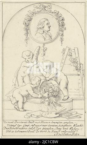 Dekorative Gestaltung mit Putti mit Füllhorn mit einem Porträt von Josephus Augustinus Brentano, Zeichner: Adriaan de Lelie, 1814, Papier, Stift, H 174 mm × B 109 mm Stockfoto