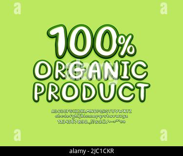 Lebensmittelaufkleber Bio-Produkt grüne Farbe. Farbige Buchstaben, Zahlen und Satzzeichen Stock Vektor