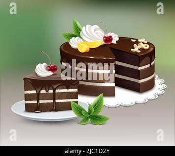 Vector Schokoladenkuchen mit Sahnehäubchen, Schlagsahne, Nüssen, Früchten, Kirsche und Minze auf weißer Spitzenserviette auf unscharfem Hintergrund Stock Vektor