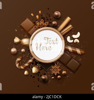 Vector chocolate flat lay frame with Ball Bonbons, cinnamon Sticks, Star anised, nuts, sweets in glossy Wrapper, Striped lollipops and place for Text o Stock Vektor