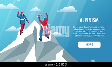 Isometrisches kletterndes horizontales Banner mit editierbarem Text mehr Taste und Outdoor-Landschaft Eisspitze und Menschen Vektor Illustration Stock Vektor
