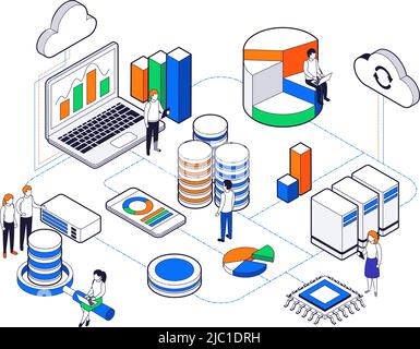 Big-Data-Science-Analyse isometrisches Farbkonzept mit zugehörigen Schritten zur Darstellung von Netzwerkvektoren Stock Vektor