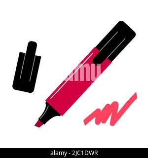 Permanentmarker zum Zeichnen mit Kappe. Bürostift und Kunstwerkzeug zum Unterstreichieren, Kalligraphie und Hervorheben von Text. Hohe hellere rote Farbe. Vektorfl Stock Vektor