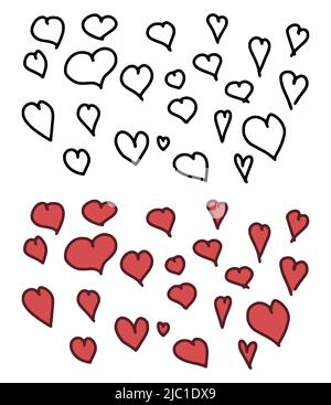 Vektor-Set von Herzen im Doodle-Stil isoliert auf weißem Hintergrund. Cartoon Vektordarstellung von handgezeichneten Herzen. Stock Vektor