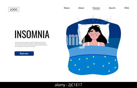 Schlaflosigkeit landet. Webseite Vorlage mit wach Mädchen Charakter, schlaflosen Nacht Konzept und Schlafstörung Website. Vektor-Layout mit müder Person Stock Vektor