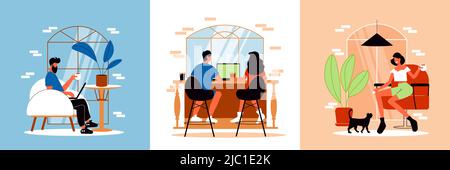 Menschen in Café-Design-Konzept, bestehend aus drei quadratischen Kompositionen mit Kunden, die kamen, um Kaffee flach Vektor-Illustration trinken Stock Vektor