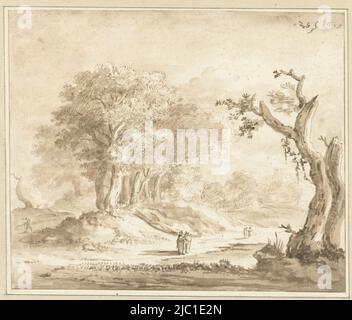 Hügelige Landschaft mit schweren Bäumen und einer sonnendurchfluteten Straße mit zwei Wanderpaaren, Wanderern im Wald, Zeichner: Anthonie van Borssom, 1659, Papier, Pinsel, H 156 mm × B 187 mm Stockfoto