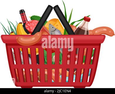Einkaufstasche Korbkomposition mit isoliertem Bild von Produkten im Supermarkt Korbvektor Illustration Stock Vektor