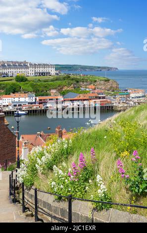 Die 199 Schritte oder Abbey Schritte von Whitby Stadt zur Abtei Whitby Yorkshire Whitby North Yorkshire England Großbritannien GB Europa Stockfoto