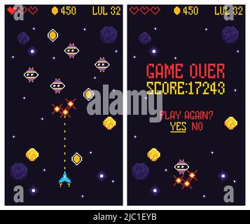 Arcade-Computerspiel Satz von vertikalen Bannern mit Play-Menü-Bildschirme von Retro-Space Combat-Spiel Vektor-Illustration Stock Vektor