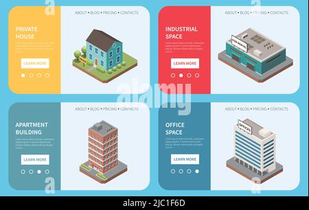 Immobilien-Agentur isometrischen Satz von horizontalen Banner mit Gebäude Bilder Text und erfahren Sie mehr Schaltfläche Vektor Illustration Stock Vektor