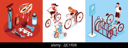 Isometrisches Fahrrad-Design-Konzept mit quadratischen Kompositionen von Fahrern mit Parkgestell und Radfahrrad-Getriebe Bilder Vektor-Illustration Stock Vektor