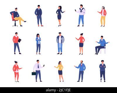 Geschäftsleute. Zeichentrickfiguren, die in entspannten Posen in Kostümen stehen, Büroangestellte und Mitarbeiter von Unternehmen. Vector vielfältiges Team und glücklich Stock Vektor