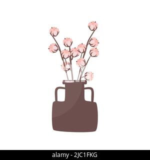 Baumwollblumen in einer Vase im minimalistischen, trendigen Stil. Silhouette eines Baumwollzweiges in einem einfachen abstrakten Stil. Vektorgrafik für Print-T-shi Stock Vektor