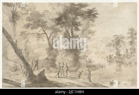 Landschaft mit der Taufe des Eunuchen, Zeichner: Herman van Swanevelt, 1630 - 1639, Papier, Stift, Pinsel, H 201 mm × B 317 mm Stockfoto