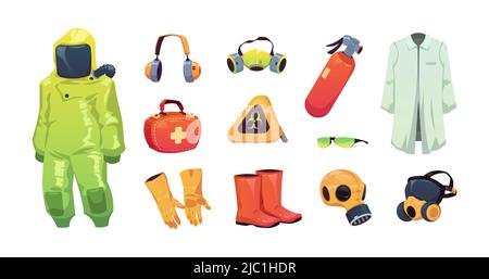 Schutzausrüstung. Sicherheit Arbeit und persönliche Sicherheit Werkzeuge und Kleidung, Wissenschaftler und medizinische chemische Schutz. Vector einheitliche Maske und Handschuhe Stock Vektor