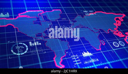 Abstrakte Karte der Kontinente. Globalisierung und Geopolitik in der Hightech-Welt der Zukunft. 3D Darstellung von Kommunikation und Datenaustausch Stockfoto