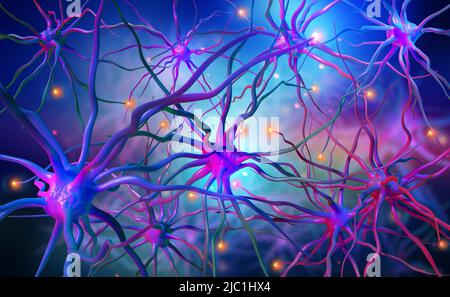 Neuronale Netzwerke des menschlichen Gehirns. 3D Illustration von abstrakten Nervenzentren. Elektrische Impulse im Gehirn. Helle Vollfarben Stockfoto