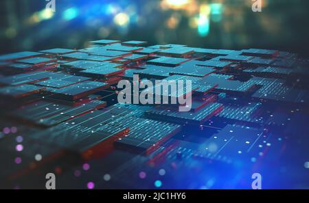 Blockchain, Hightech-Hintergrund und Informationscluster. BigData Konzept des digitalen Cyberspace. Quantenarchitektur 3D Illustration Stockfoto