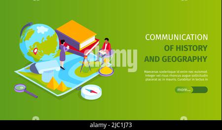 Geschichte und Geographie kombiniert Themen Website Schule Bildung Landing Page isometrische horizontale Web-Banner Hintergrund Vektor Illustration Stock Vektor