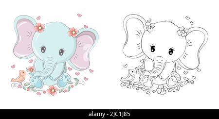 Cute Elephant Clipart Illustration und Schwarz und Weiß. Lustige Clip Art Elefant mit Blumen und Vogel. Vektor-Illustration eines Tieres zum Malen Stock Vektor