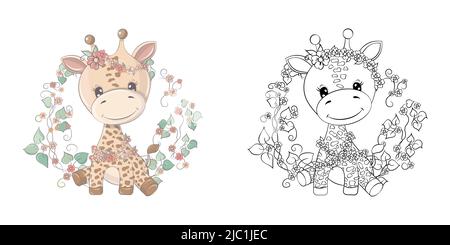 Clipart Giraffe Multicolor und Schwarz und Weiß. Niedliche Clip Art Giraffe umgeben von Blumen. Illustration eines Tieres für Aufkleber, Babydusche Stock Vektor