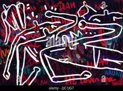 Aggressive Graffiti Tippfehler Wand, Charakter Umriss, gruselige Silhouette Menschen, Kunst mit Graffiti. Dunkle psychotische Schrift gemaltes Bild, flache Farbe. Graff Stockfoto