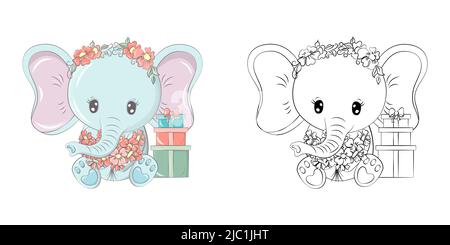 Elephant Clipart für Malvorlagen und mehrfarbige Illustrationen. Baby Clip Art Elefant mit Geschenkschachteln. Vektor-Illustration eines Tieres für Stock Vektor