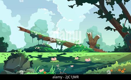 Sumpf Cartoon Landschaft. Waldhintergrund mit Sumpf und See, Cartoon Fantasy-Teich mit Moos und Schilfpflanzen. Vektorspiel-Illustration Stock Vektor