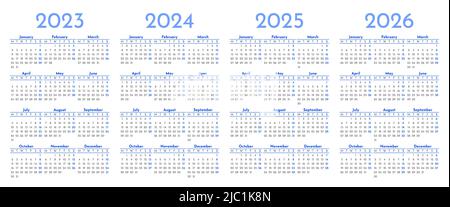 Set von monatlichen Kalendervorlagen für 2023, 2024, 2025, 2026 Jahre. Die Woche beginnt am Montag. Seitenlayout-Kalender in einem minimalistischen Stil. Vertikaler Tisch Stock Vektor