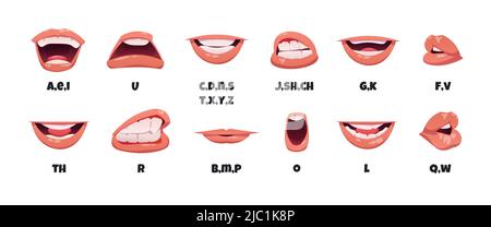 Lippensynchronisierung. Cartoon-Figur sprechenden Mund, Englisch klingt Aussprache und Lippen Artikulation, Comic-Sprite-Kit. Vektorlippen in Bewegung Stock Vektor