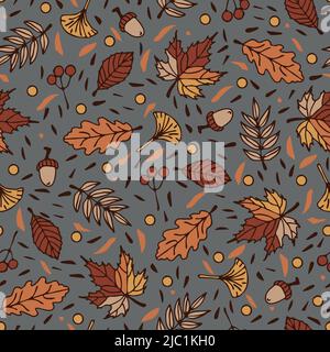 Nahtloses Vektor-Muster mit geschäftigen Herbstblättern auf grauem Hintergrund. Einfaches, saisonales Tapetendesign. Dekorative Waldmode textile Textur. Stock Vektor