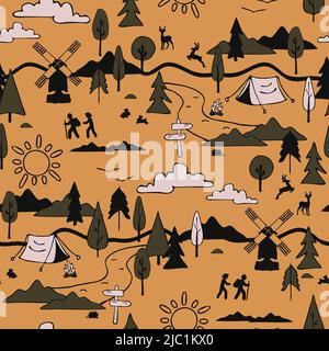 Nahtloses Vektor-Muster mit Wanderlandschaft auf gelbem Hintergrund. Einfaches Lifestyle-Tapetendesign. Dekorative Sommer Urlaub Mode Textil. Stock Vektor