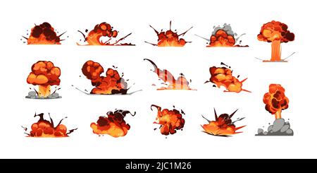 Komischer Explosionseffekt. Cartoon Bombe Explosion und Dynamit Knall Grafik mit Feuer und Rauch, Spiel Energie Burst Animation Asset. Vektor-isolierter Satz Stock Vektor