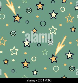 Nahtloses Vektormuster mit Sternen auf blauem Hintergrund. Einfaches Shooting Star Wallpaper Design für Kinder. Dekorative Babymode Textil. Stock Vektor