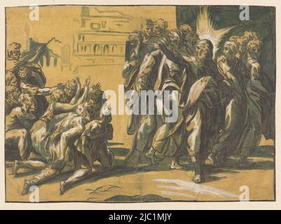 Christus mit den Aposteln und einer Gruppe bettelnder Aussätzigen, Christus heilt Aussätzige, Zeichner: Anonym, Niccolò Vicentino, Parmigianino, Italien, in oder nach c. 1540, vorbereitetes Papier, Pinsel, Stift, H 307 mm × B 419 mm Stockfoto